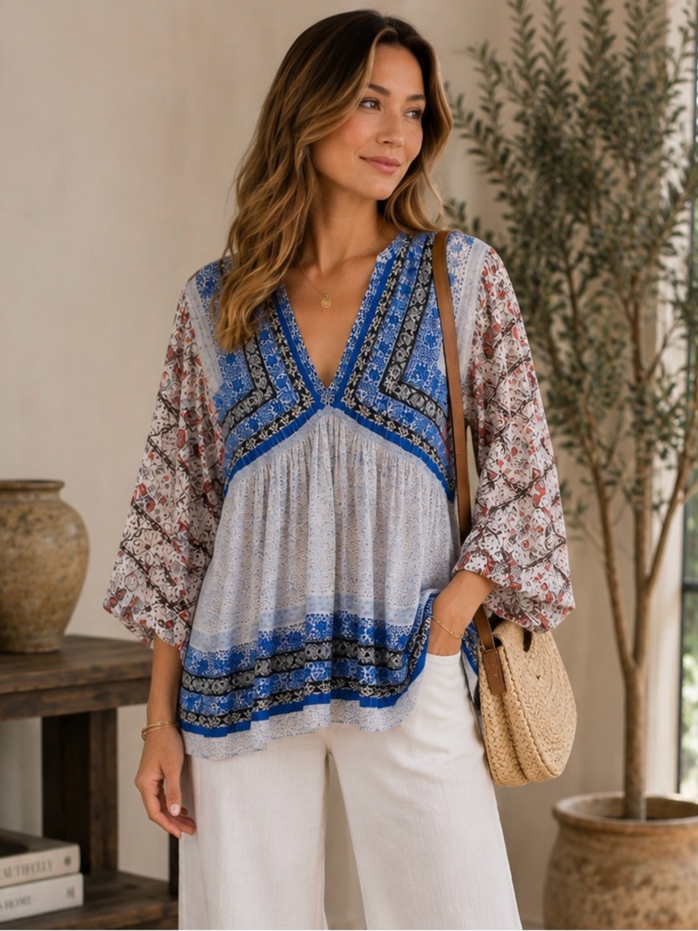 Free People Mixed-Print V-Neck Boho Blouse in Blue and White